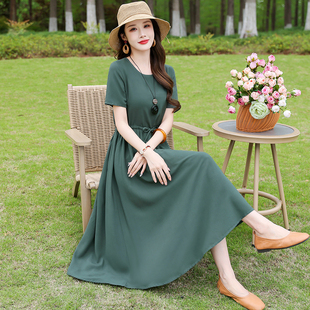 高档气质收腰显瘦裙子 纯色棉绸连衣裙中长款 妈妈端庄大气夏装 新款