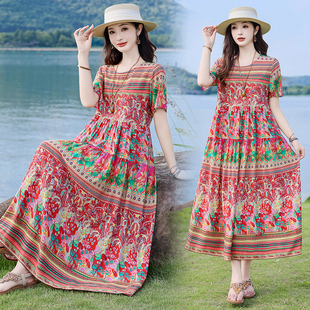 复古民族风长裙显瘦大摆裙子碎花棉绸连衣裙波西米亚度假沙滩裙女