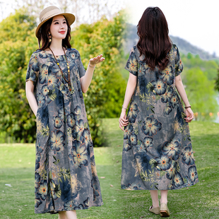 中老年妈妈夏装新款加肥加大码连衣裙中长款过膝宽松遮肚睡裙套装