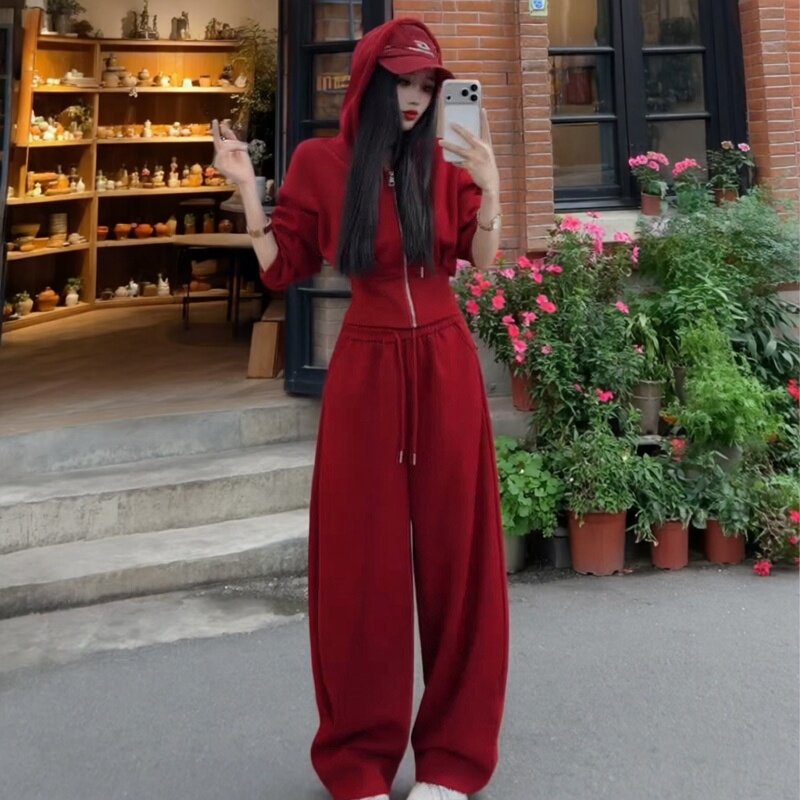 红色秋冬连帽显瘦阔腿裤运动套装
