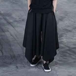 夏季男士裙裤山本风格阔腿裤原创暗黑系设计大码胖子松紧腰九分裤