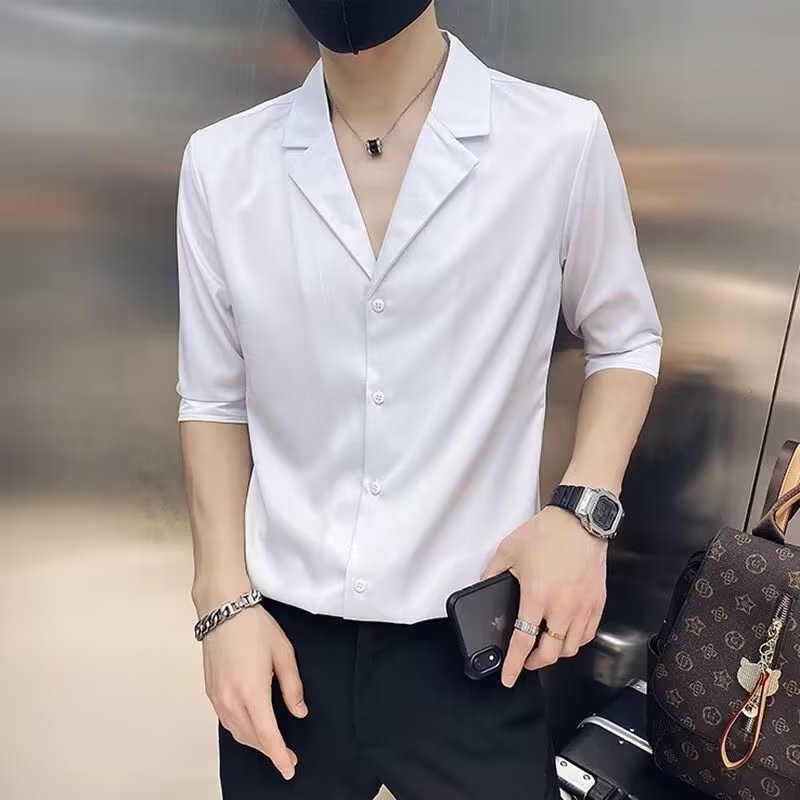 夏季七分袖V领修身男士衬衫套装图片