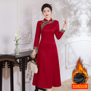 加绒旗袍改良连衣裙新中式复古中年女日常妈妈加厚保暖婚宴A字裙