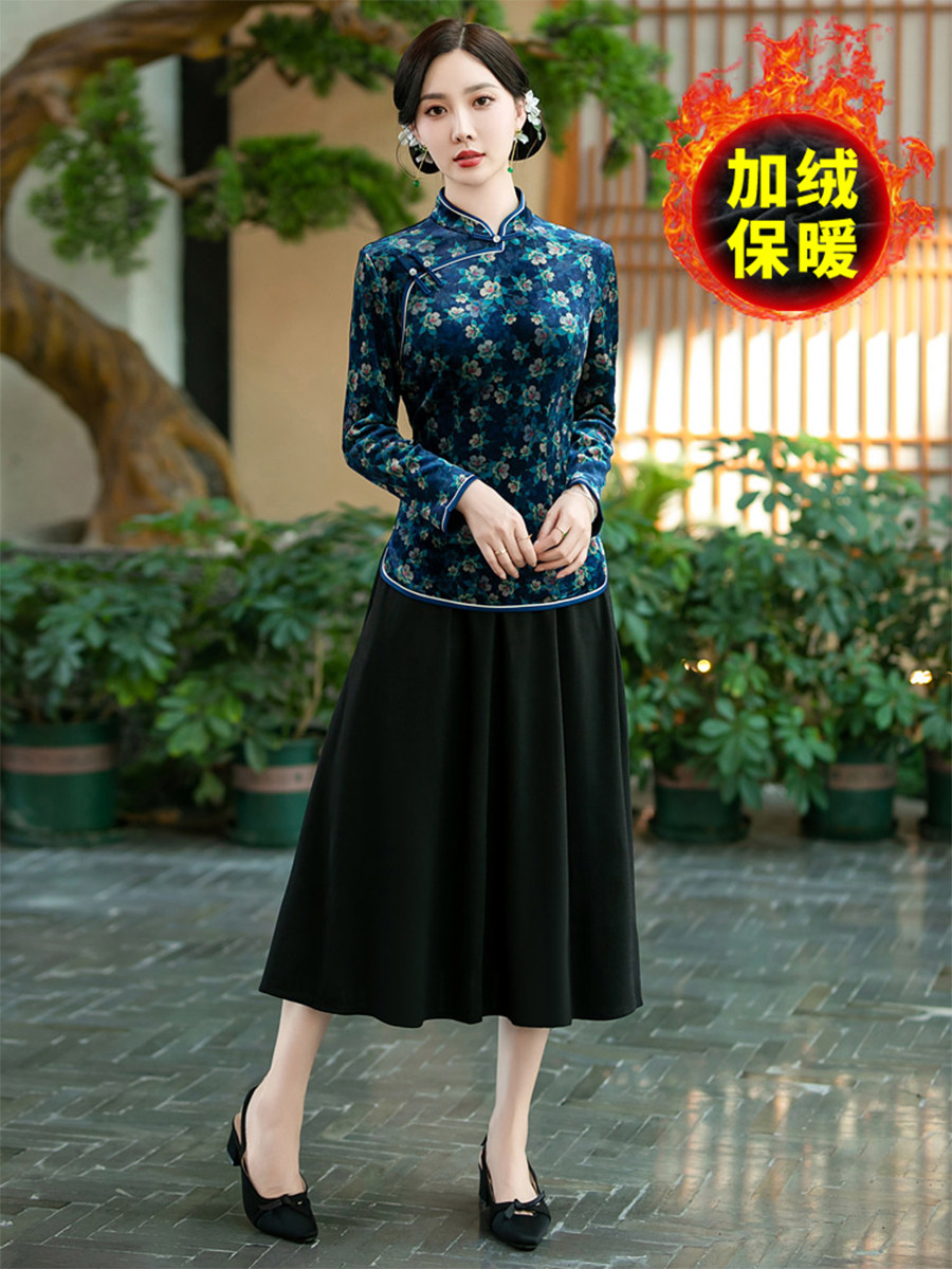 秋冬加绒旗袍式小上衣改良中年女复古妈妈日常短款蝴蝶花汉服唐装
