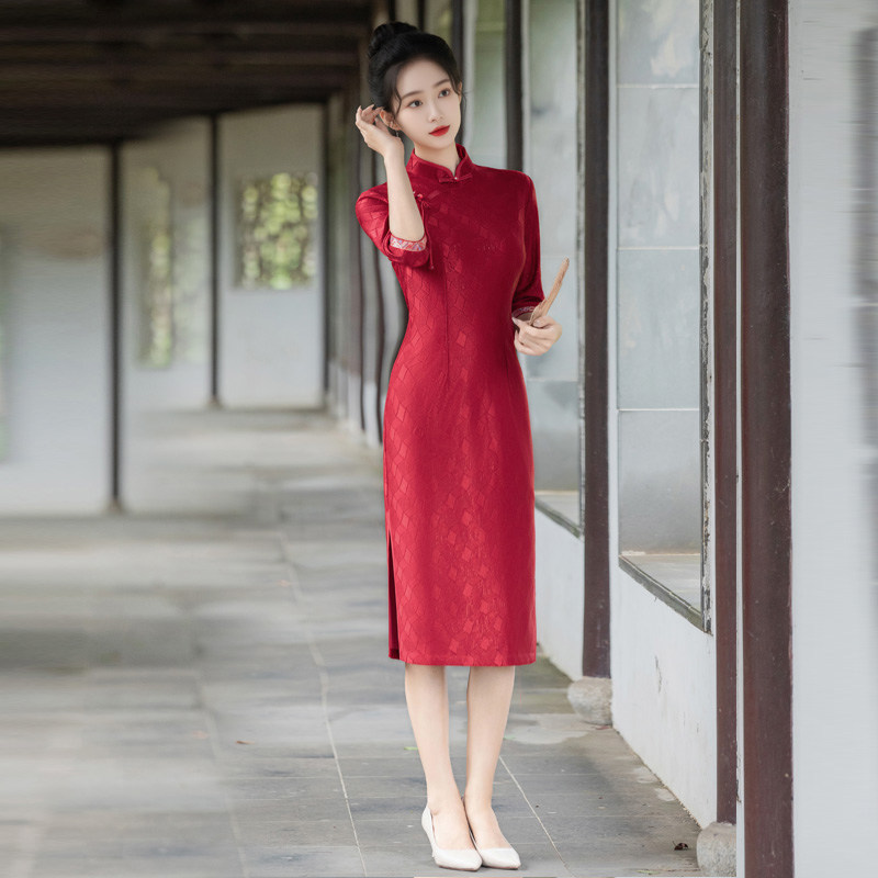 新中式旗袍女改良连衣裙中长款春秋年轻款国风新娘敬酒服伴娘礼服