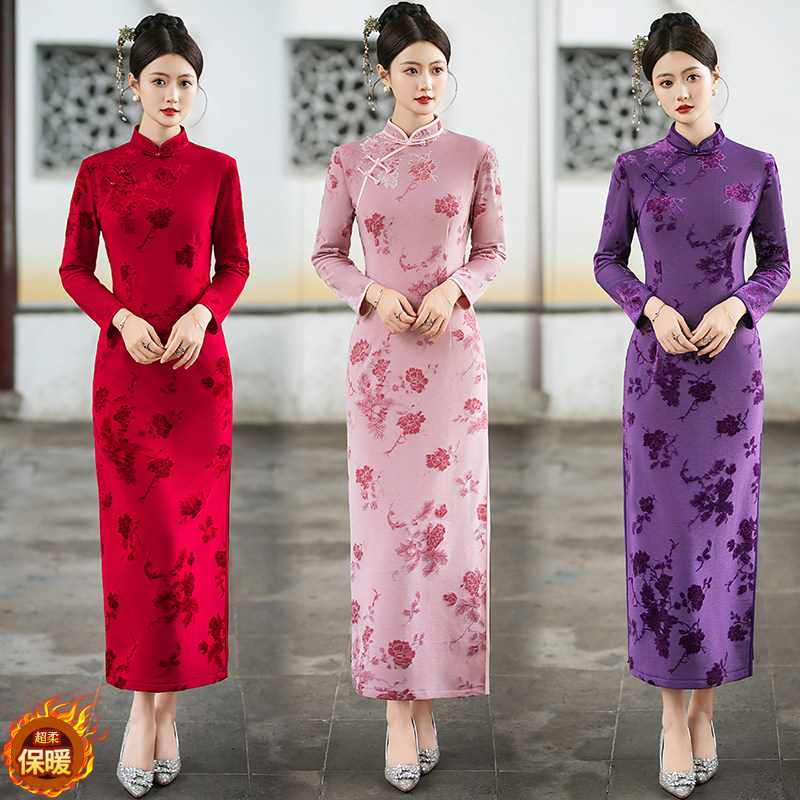 长款加绒旗袍改良连衣裙秋冬季年轻款妈妈日常新中式印花婚宴礼服,女装/女士精品,旗袍,淘宝优惠券,粉丝福利购,淘宝优惠卷