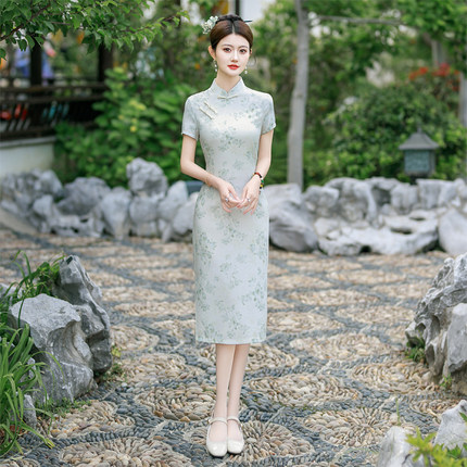 夏季新款改良版旗袍微胖遮肚子显瘦新式中长款日常妈妈斜襟小个子