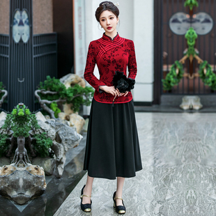 春秋新款旗袍式小上衣复古国风中年女日常妈妈大码改良汉服唐装服