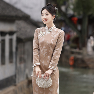 秋冬加绒旗袍长款改良连衣裙年轻款复古国风新中式气质修身礼服