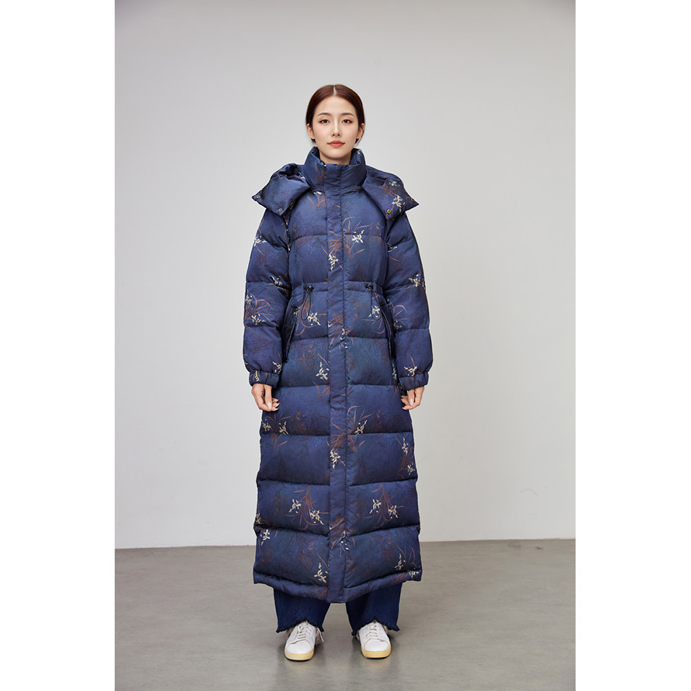 羽绒服冬季收腰长款粉色国风2025韩版印花鸭绒女款宽松女款厚