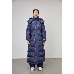 羽绒服冬季收腰长款粉色国风2025韩版印花鸭绒女款宽松女款厚