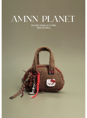 AMNN 复古毛呢KT猫手提斜跨包女2025秋冬新款百搭时尚少女毛绒包