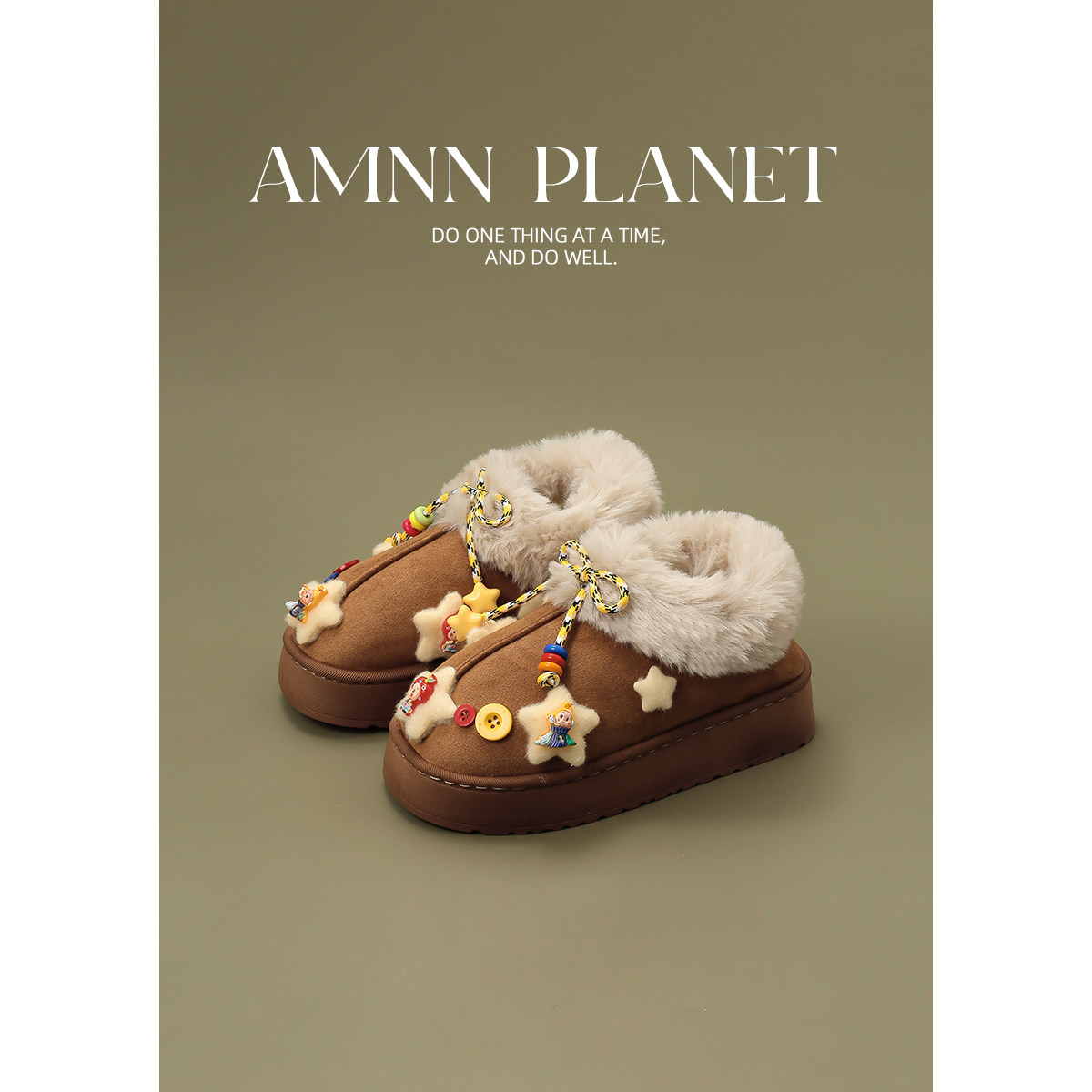 AMNN 可爱星星人保暖雪地靴棉鞋女冬季新款外穿厚底加绒毛毛鞋