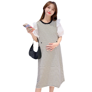 孕妇夏季连衣裙中长款2026时尚新款孕妇装条纹T恤宽松夏天裙子女