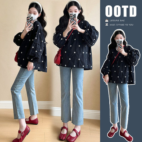 孕妇刺绣衬衫娃娃衫百搭长袖上衣