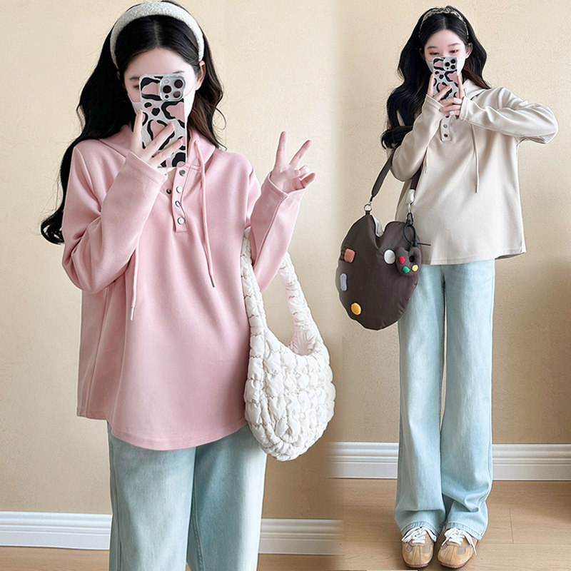 孕妇卫衣女春装新款小个子孕妇装上衣春秋薄款连帽中长款大码外套