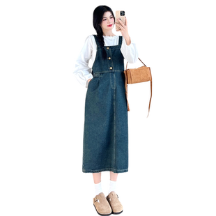 孕妇春装连衣裙春秋季新款甜美减龄孕妇装中长款牛仔背带裙两件套