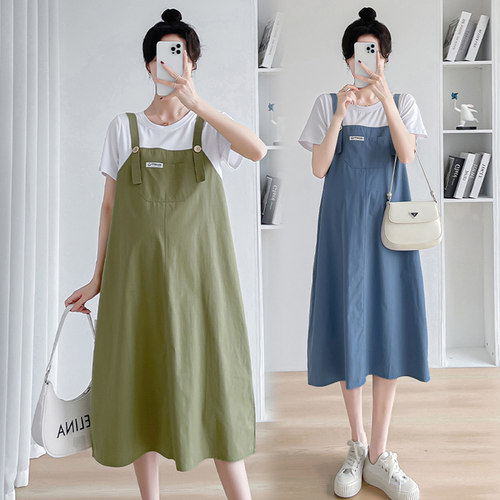 孕妇夏季新款背带裙假两件连衣裙