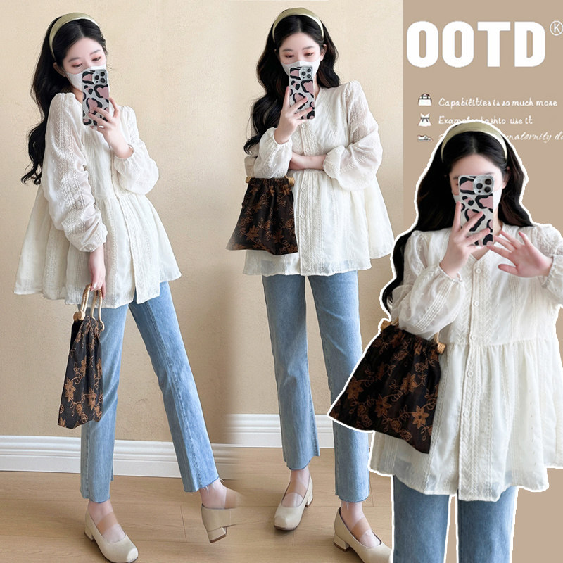 孕妇上衣女春秋款小个子孕妇装春装娃娃衫宽松V领衬衫怀孕期衬衣