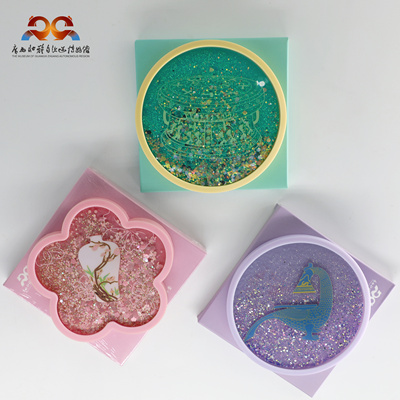 广西博物馆翔鹭纹铜鼓流沙杯垫 亚克力流沙冰箱贴文创