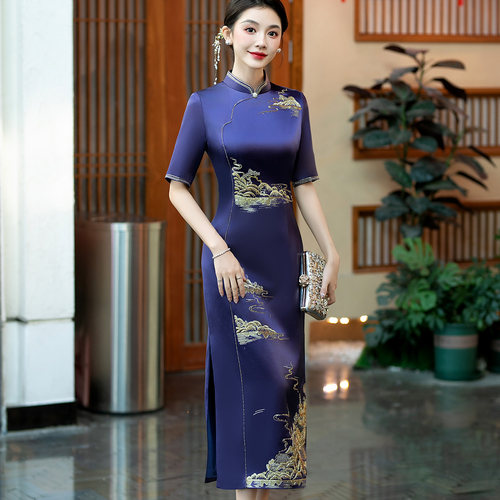 喜婆婆婚宴长款旗袍醋酸藏蓝色秋