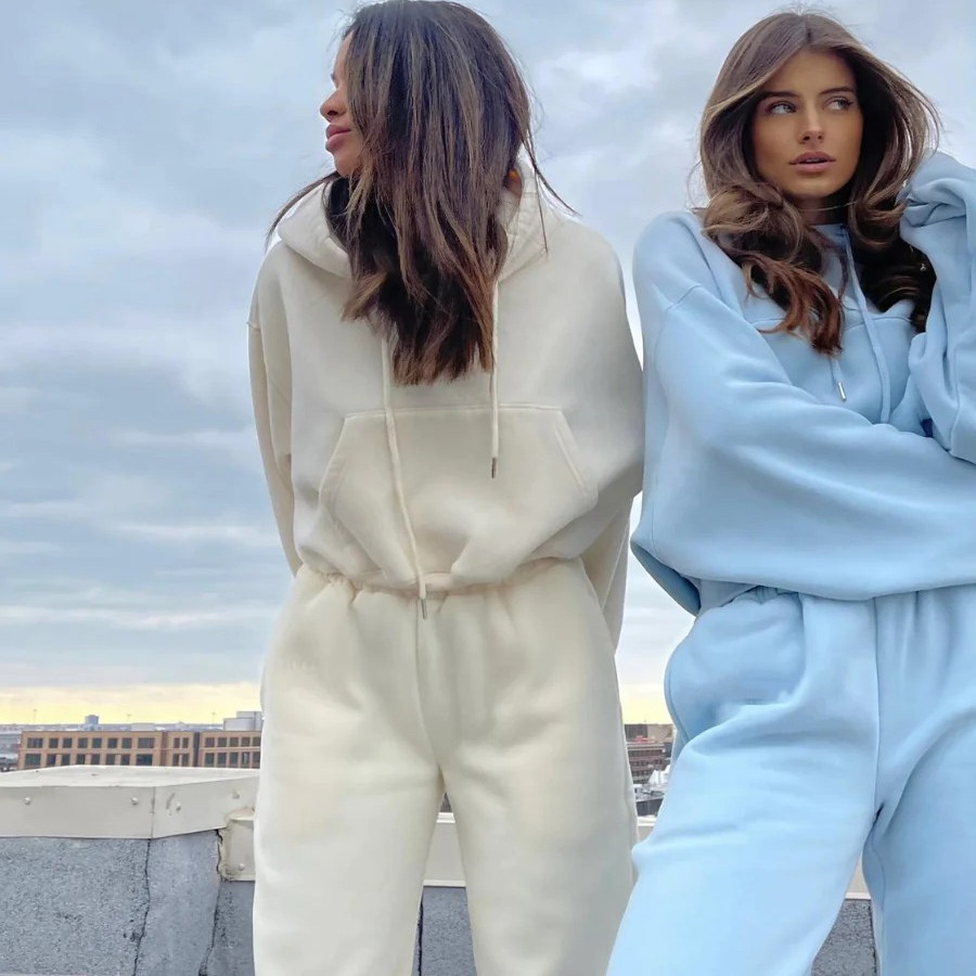 亚马逊秋季欧美运动女装大码跨境外贸休闲宽松连帽卫衣长裤两件套