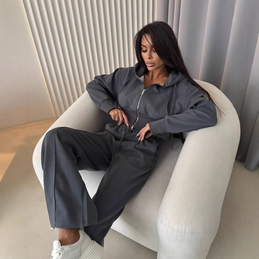 欧美ins设计感收腰连帽长袖卫衣女秋冬显瘦开衫跨境长裤运动套装