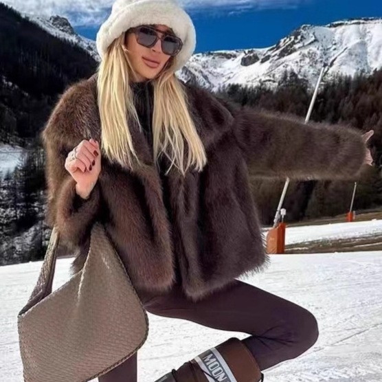 欧美大翻领仿皮草时尚毛茸茸大衣女跨境外贸秋冬ins网红外套coat