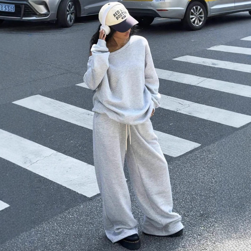 跨境外贸秋冬上衣休闲欧美运动服女圆领宽松卫衣时尚长裤两件套装