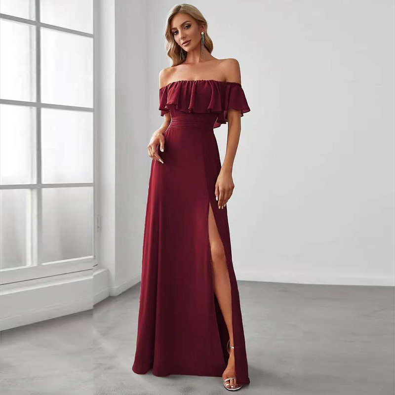 一字肩晚礼服女高级感雪纺长裙开叉露背欧美外贸宴会连衣裙dress