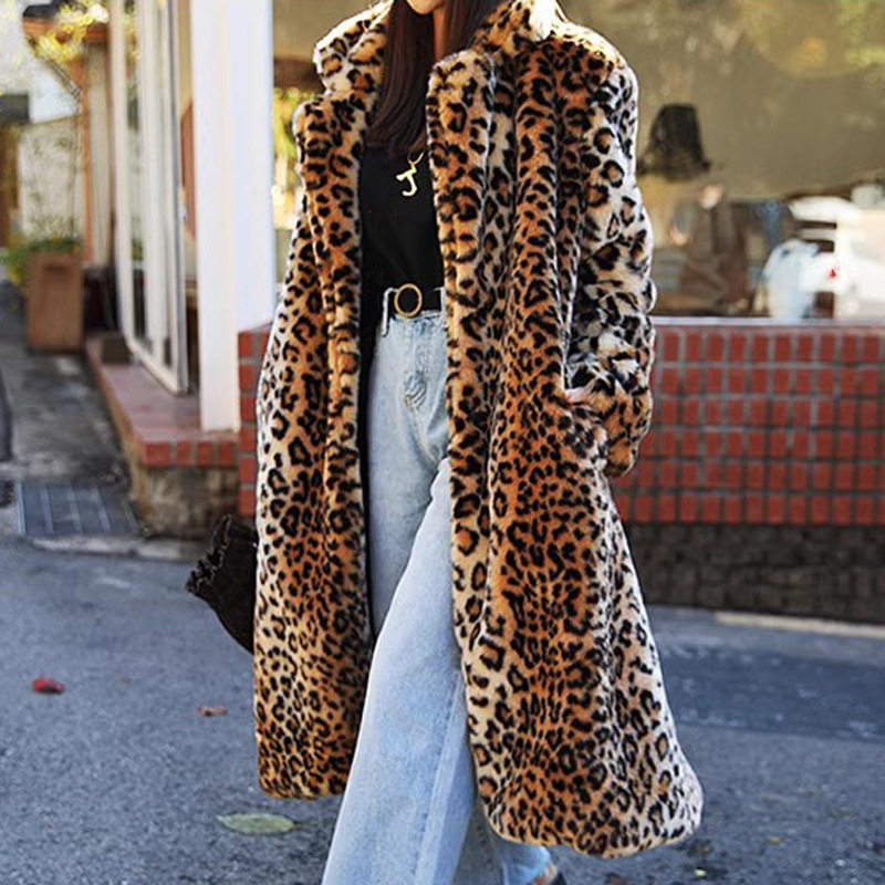 欧美ins秋冬跨境豹纹时尚外套女装仿皮草中长款加厚毛绒大衣coat