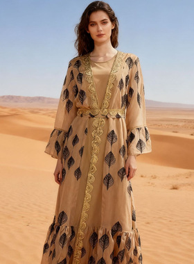 中东阿拉伯迪拜长袍穆斯林埃及旅游连衣裙女外贸珠片网纱刺绣套装