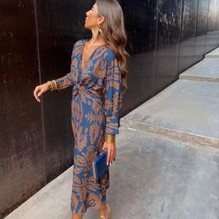 裙子Dresses 气质显瘦欧美外贸中长款 法式 复古印花连衣裙女七分袖