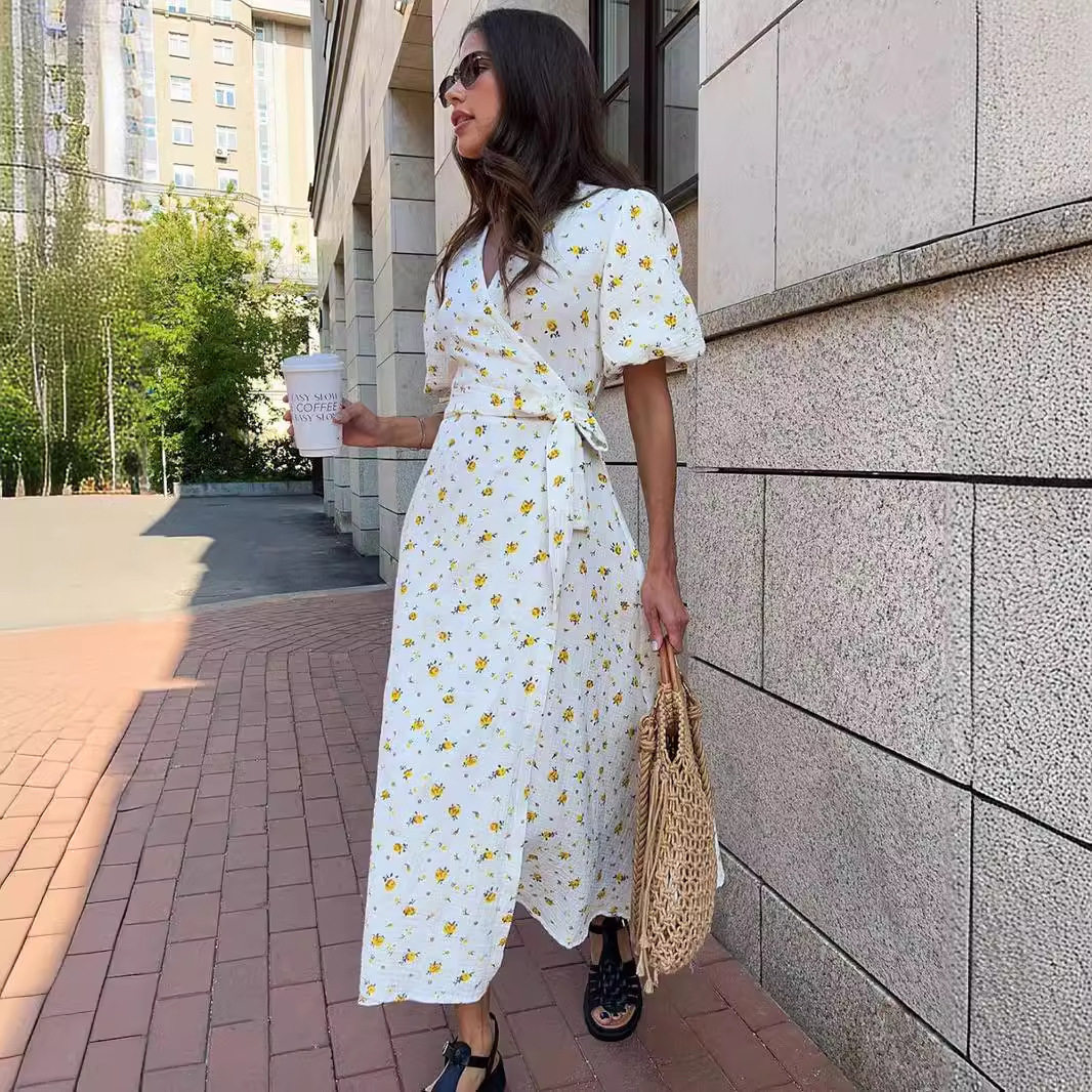 夏季纯棉印花连衣裙女欧美新款泡泡袖V领系带外贸短袖中长款裙子