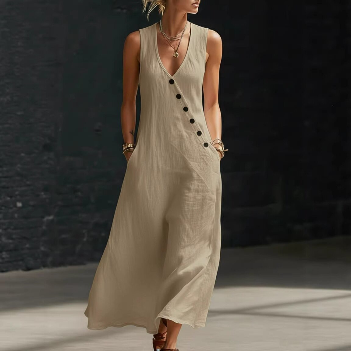欧美女装夏季V领无袖亚麻背心裙跨境度假休闲外贸宽松长裙子Dress