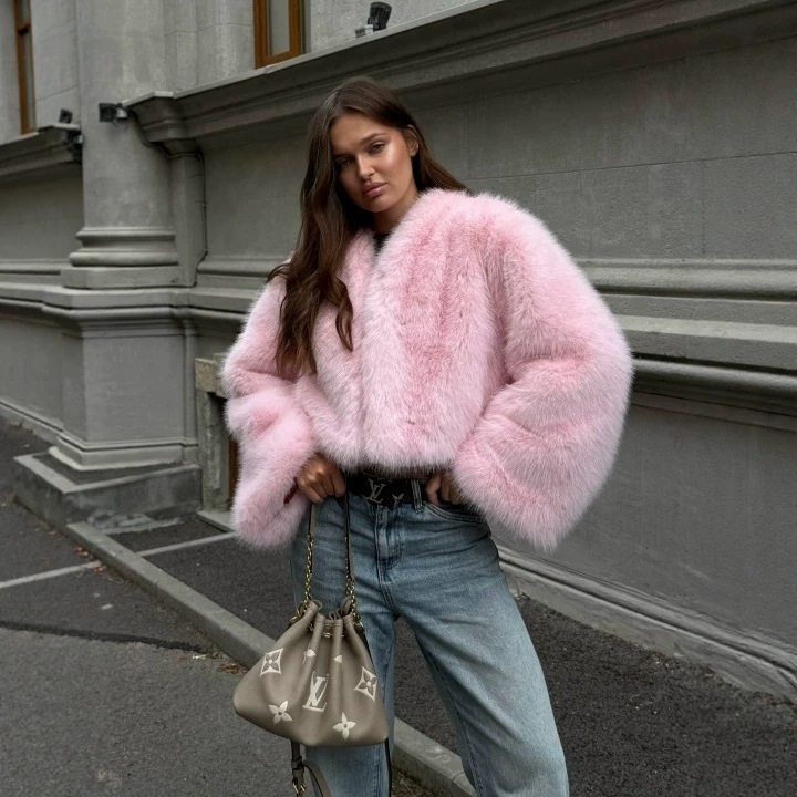 秋冬V领仿皮草外套女欧美风短款粉色百搭狐狸毛保暖时尚上衣coat
