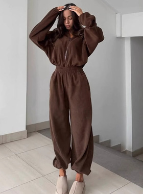 欧美风春秋女装外贸时尚长袖连体裤女士休闲半开襟松紧腰卫衣套装