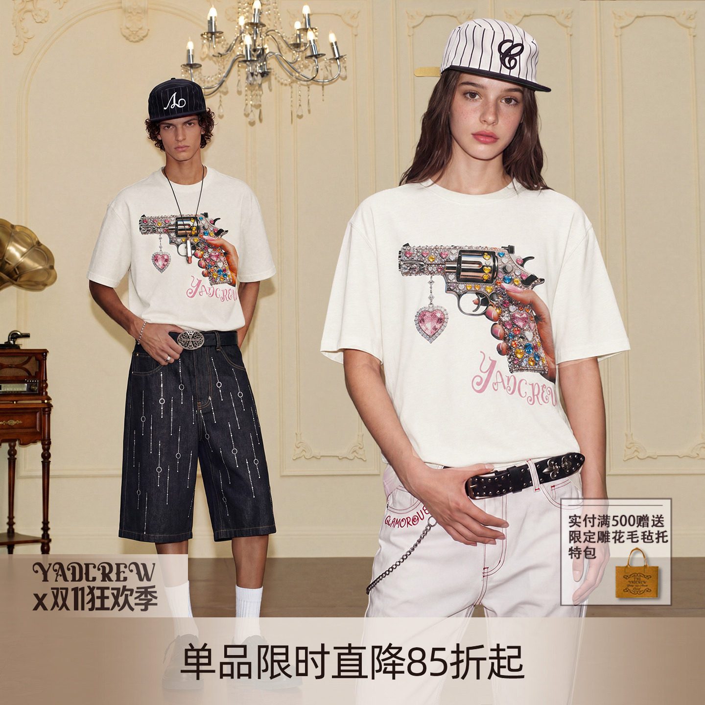 YADcrew520限定甜心左轮烫钻数码印花复古情侣同款短袖T恤