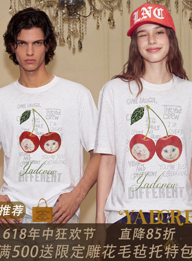 YADcrew樱桃猫咪珠管珠片绣花美式复古风短袖T恤男女宽松趣味上衣