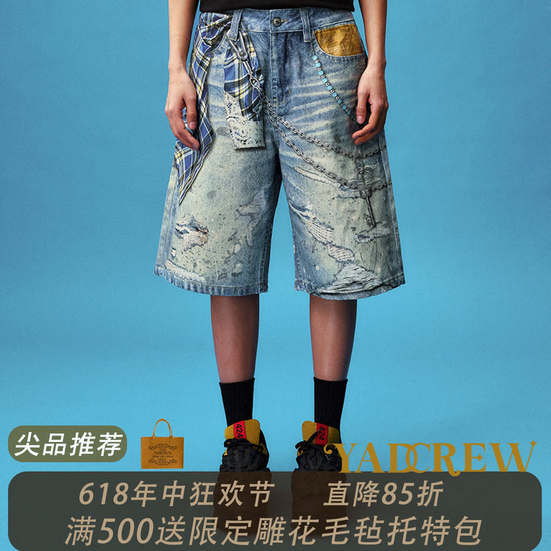 YADcrew亚德鲁 格纹衬衫链条打印牛仔短裤美式街头休闲七分牛仔裤