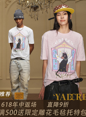 胡亦琛JDG清融同款】YAD烂漫小猫咪钉珍珠短袖T恤男宽松圆领图案