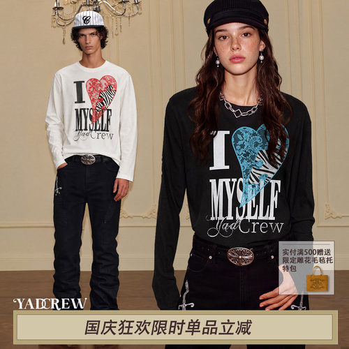 YADcrew“爱自己”蕾丝爱心豹纹贴布长袖T恤