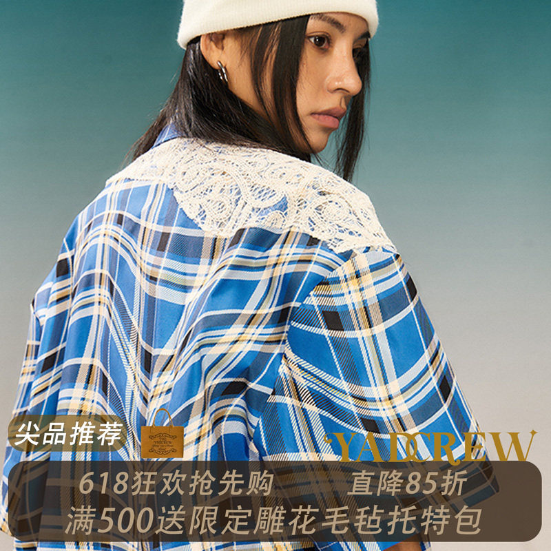 【丁禹兮X张函瑞同款】YADcrew亚德鲁格子蕾丝拼接衬衫宽松短袖