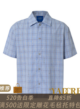 YADcrew蓝色星轨烫钻纯棉格子清爽蓝白格纹短袖衬衫满钻轻奢