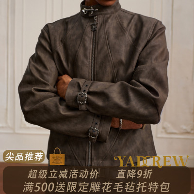 YADcrew【绝影】真的帅马年水洗斑驳飞机扣弯刀机车皮夹克复古