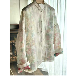 【DY】“山花”新中式盘扣衬衫外套真丝色织双宫绡印花欧根纱内