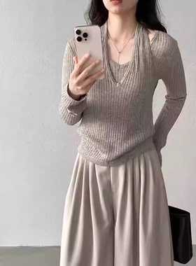 【DY】假两件纯欲挂脖V领针织衫女26春修身百搭韩里韩气设计感