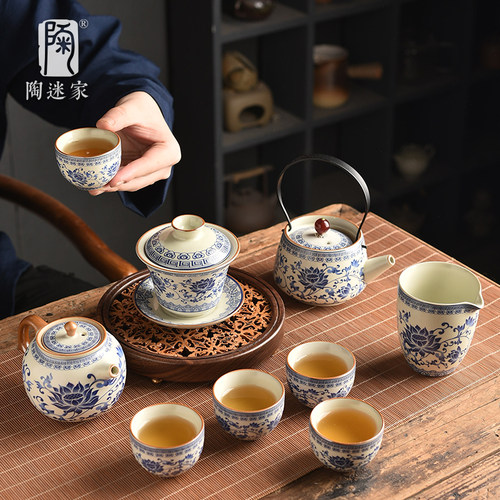 陶迷缠枝莲贴花汝窑茶壶盖碗可养