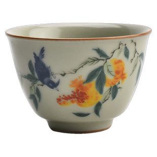 陶迷秘黄汝窑主人杯陶瓷品茗杯复古功夫茶具单杯中式闻香杯印花杯