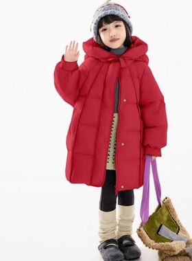 韩版冬女童红色中长款90白鸭绒羽绒服女孩中大童加厚保暖连帽外套